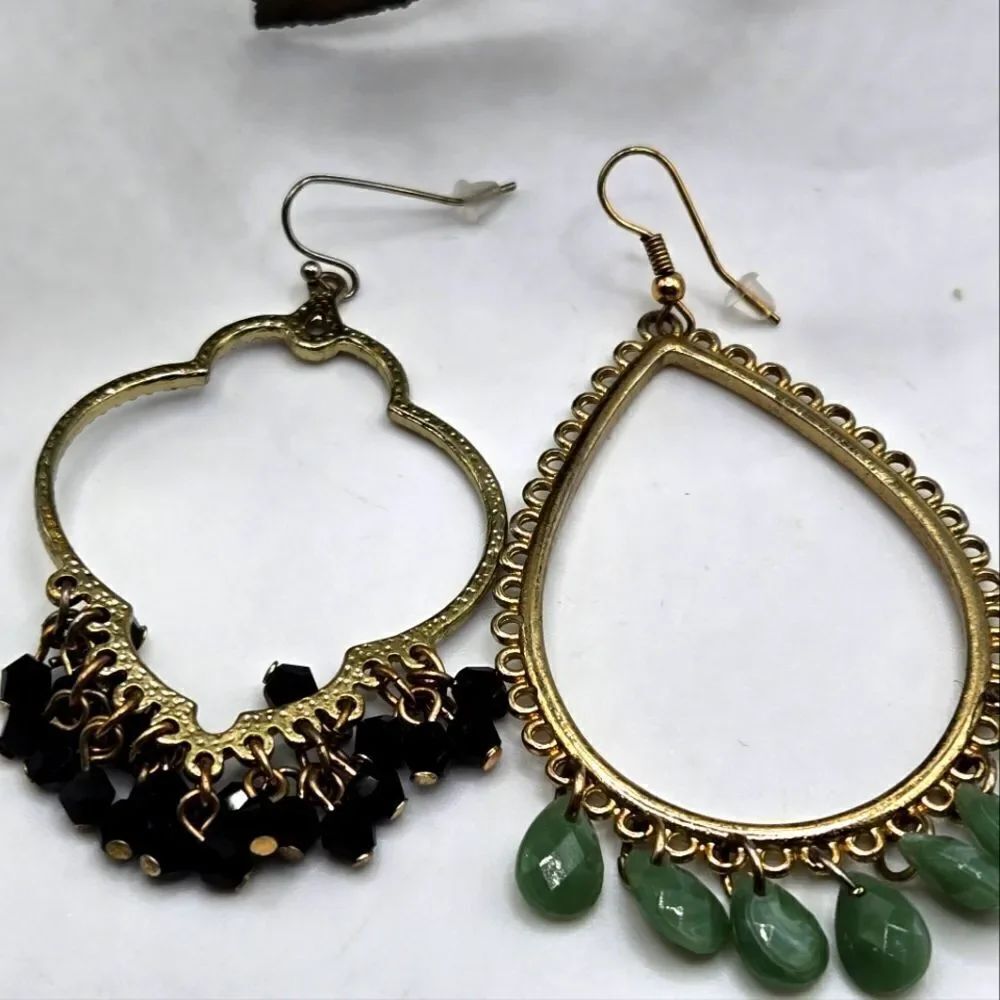 "5/$40" Pair of Mismatched Goldtone Green/Black Boho Bali Style Dangle Earrings